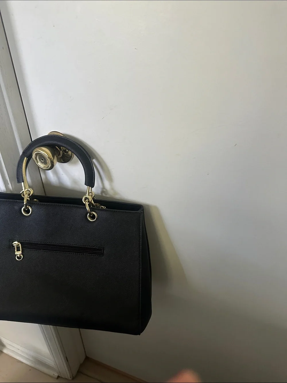 Structured Black Satchel with Gold Accent Hardware